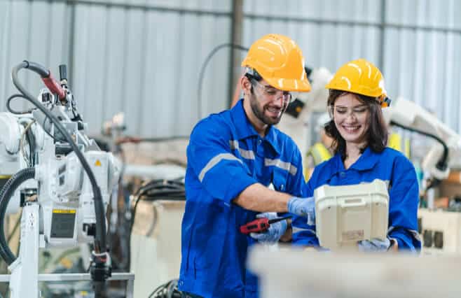 Two engineers in hard hats program an industrial robot arm on factory floor