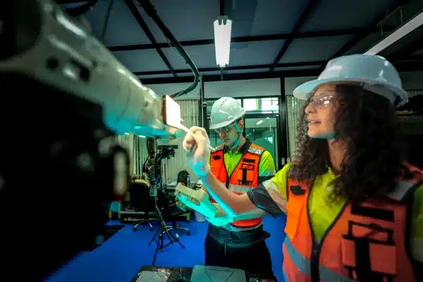 Engineers in hard hats programming industrial machinery for PLC integration.