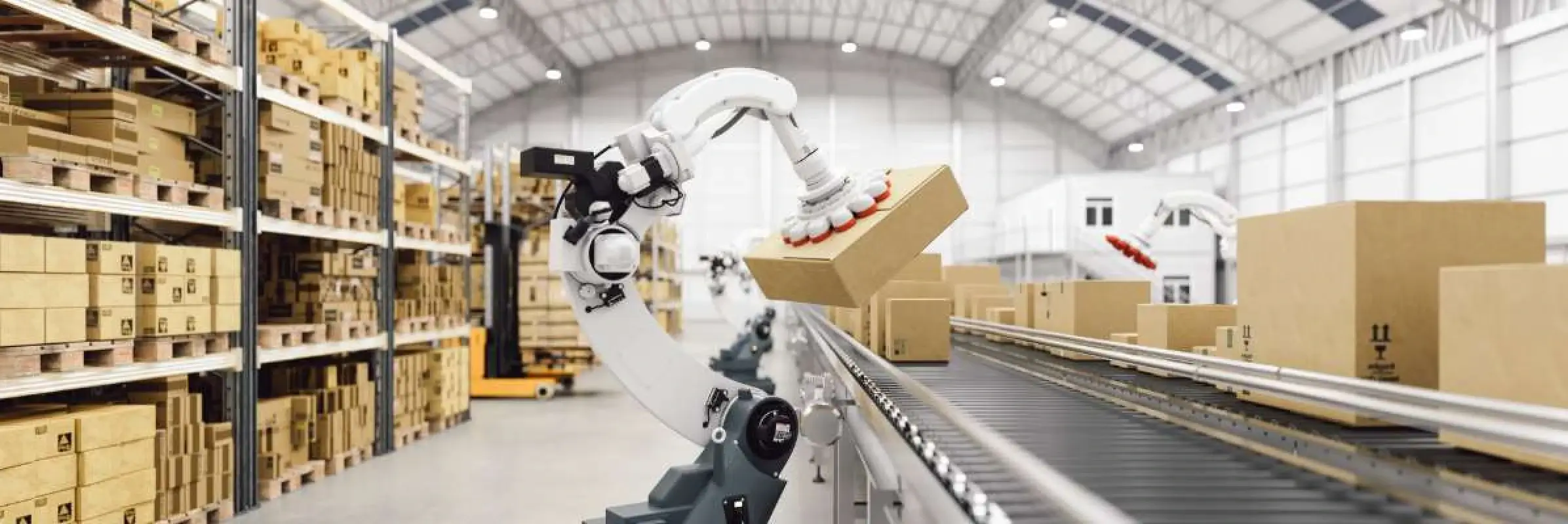 White robotic arm moving cardboard boxes on conveyor belt system in modern warehouse facility with pallet storage.