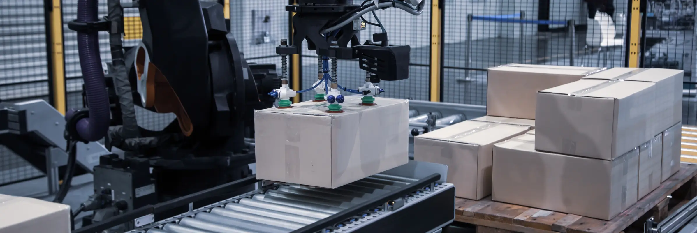 Robotic arm with suction grippers lifting a cardboard box from a conveyor belt in an automated warehouse facility