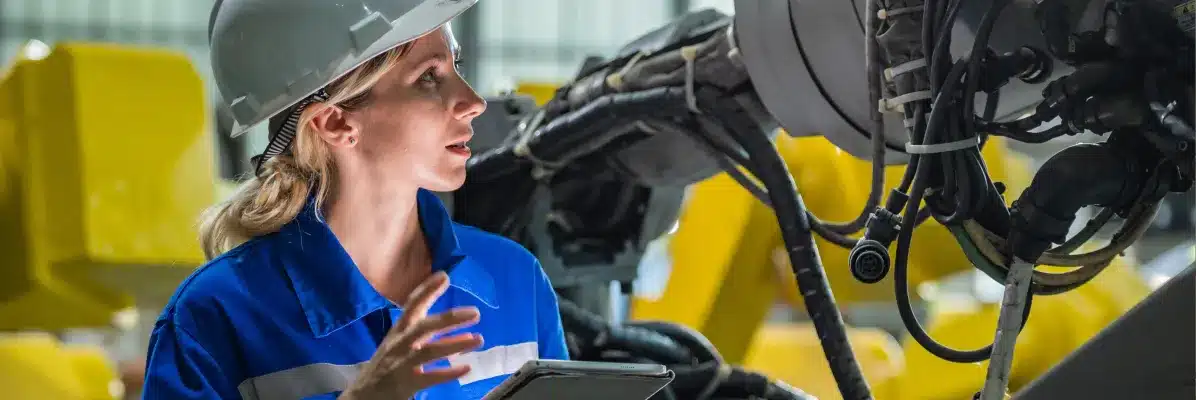 Female engineer using tablet for industrial IoT monitoring of robotic equipment on factory floor.